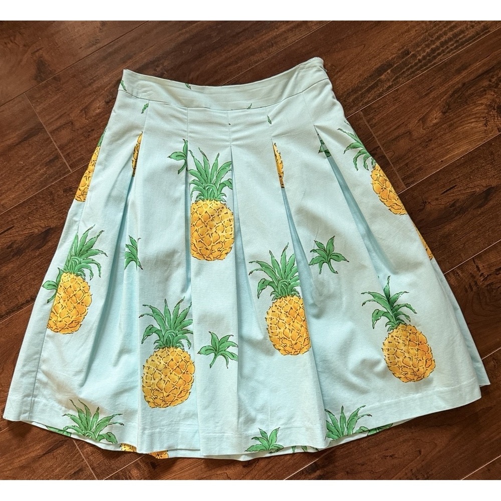 RSVP by Talbots Skirt Womens 2 Aqua Pineapple Print Pleated Cotton Blend Lined